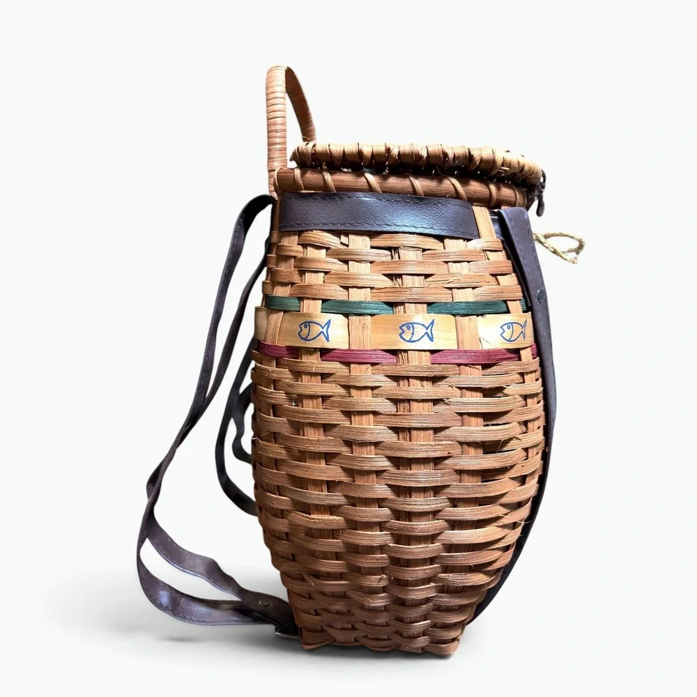 Handcrafted Woven Split Oak Fishing Creel Basket Backpack Cabin Decor
